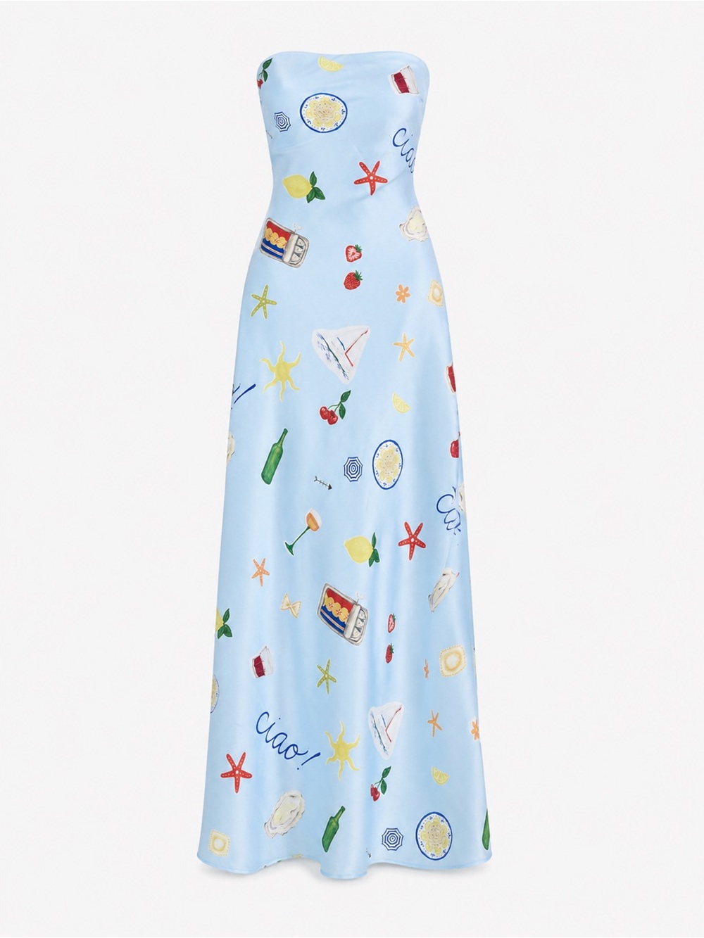 SOLD NWT For Love & Lemons Carla Blue Strapless Printed Satin Maxi Dress Small - Picture 2 of 5